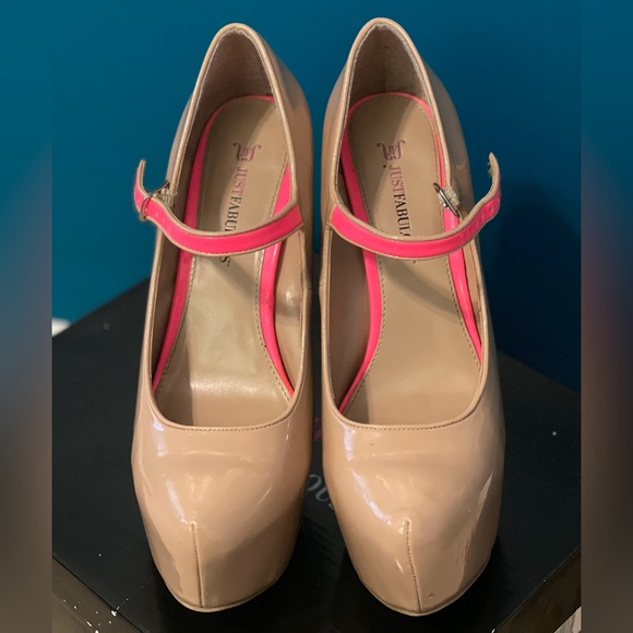 Nude Platform High Heels w/ Neon Pink Strap - Picture 3 of 6